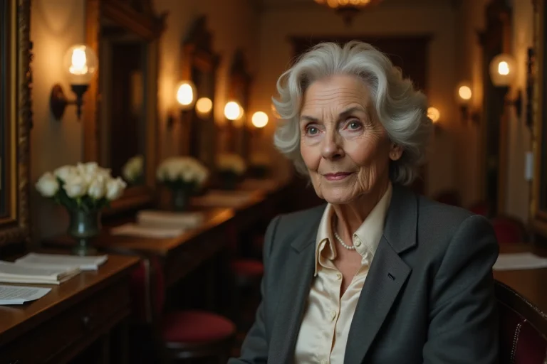 Actrice française élégante dans les coulisses d'un théâtre parisien, reflet du parcours artistique de Marie-Christine Barrault