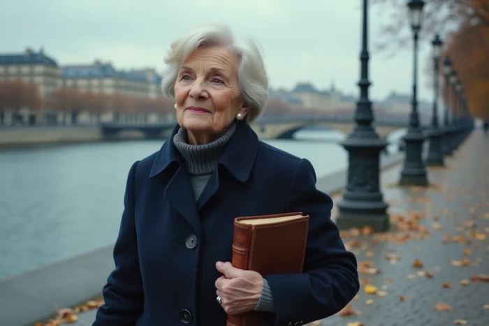 Femme actrice française se promenant au bord de la Seine à Paris en automne, évoquant l'élégance et la culture française