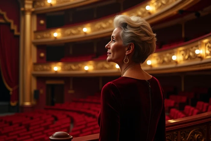 Actrice française en robe bordeaux sur la scène d'un opéra vide, symbolisant une carrière théâtrale prestigieuse et accomplie