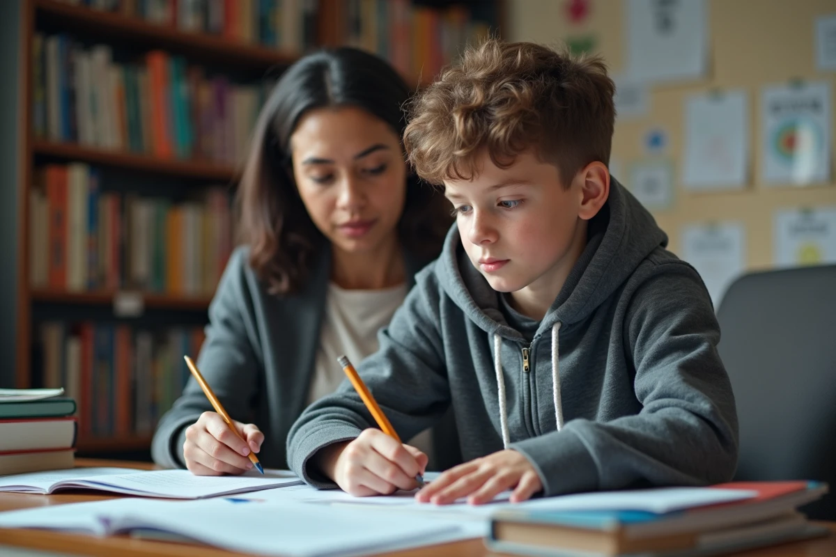 Adolescent en hoodie travaillant à son bureau avec tutrice