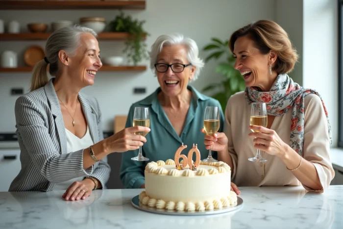 Trois amies célébrant un anniversaire de 60 ans avec un gâteau humoristique et des coupes de champagne