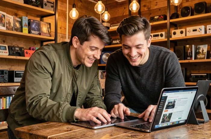 Deux amis passionnés de geek culture consultant des avis tech sur laptop et tablette dans un café co-working moderne
