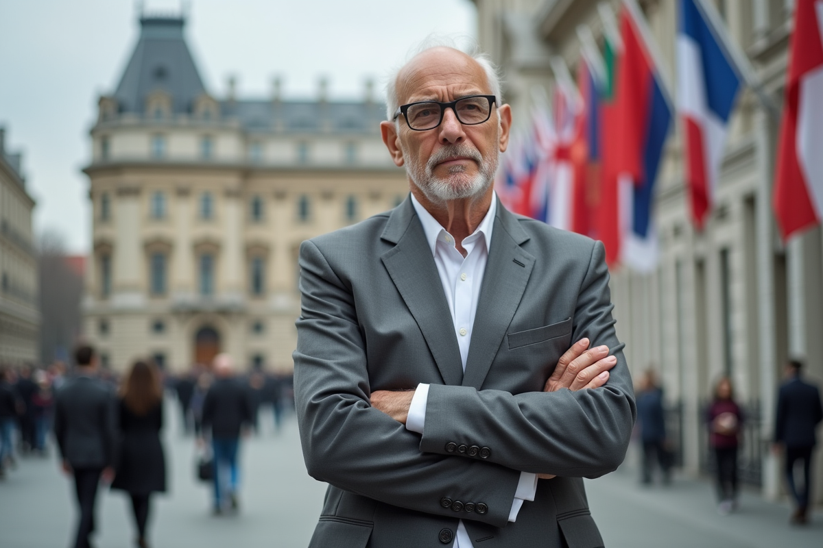 Analyste politique âgé devant un monument international