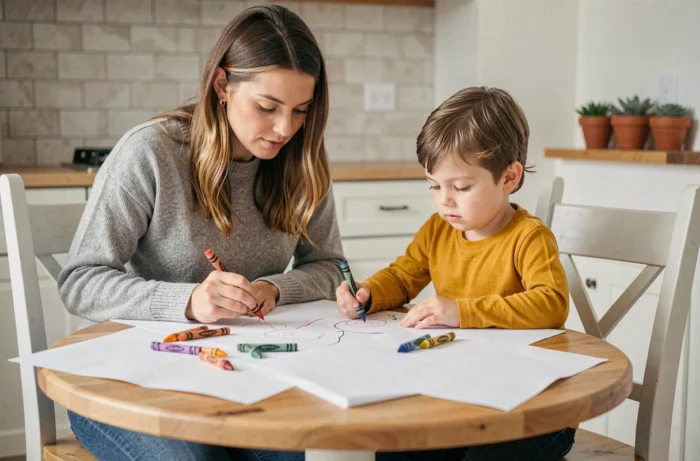 Mère et enfant de quatre ans faisant un atelier dessin et coloriage ensemble à la table de la cuisine