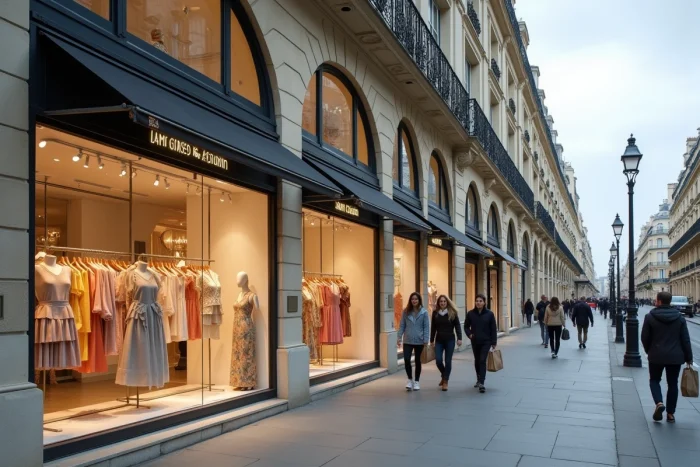 Avenue parisienne avec boutiques de mode et vitrine de maillots de bain style Cupshe