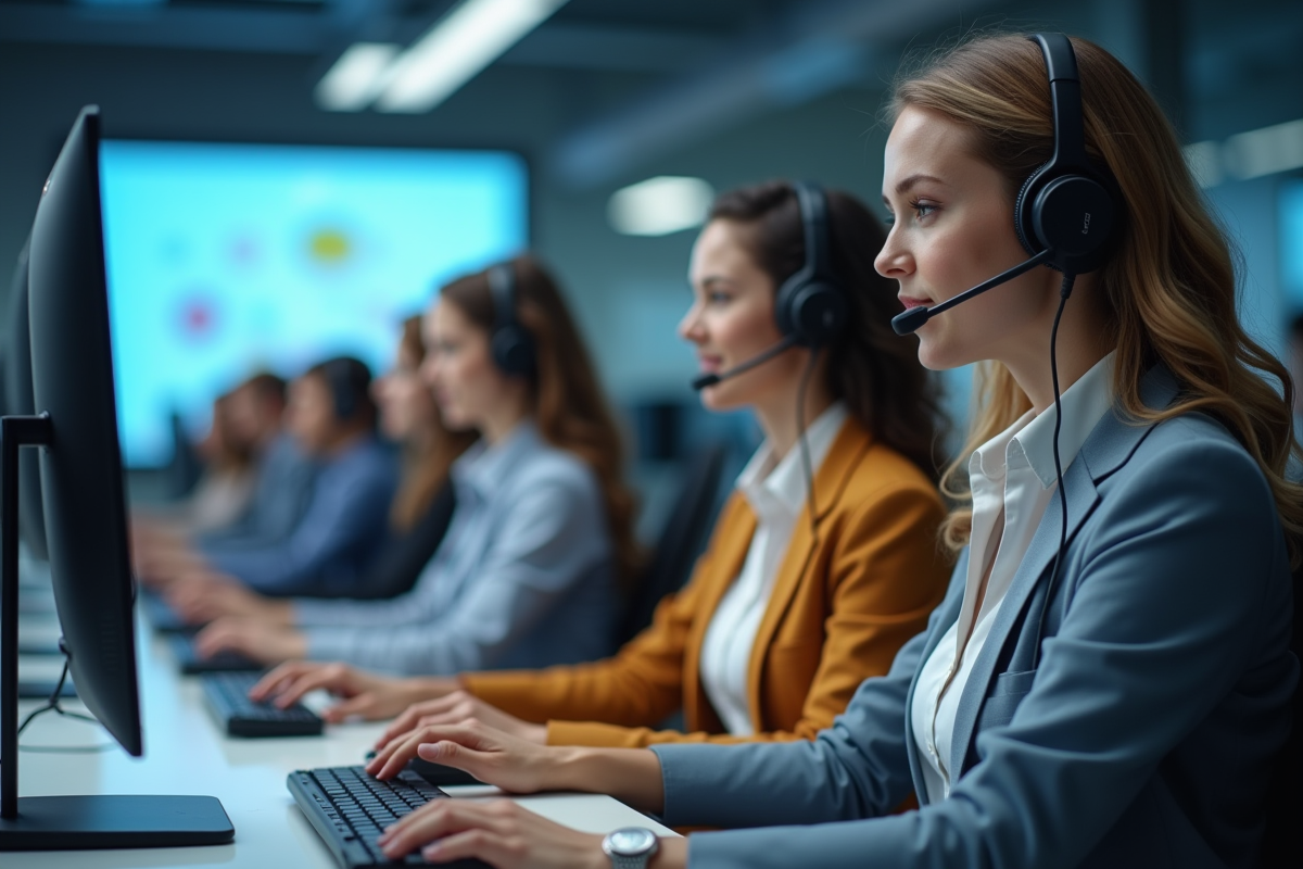 Centre d appels moderne avec agents divers au travail