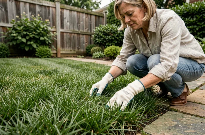 Femme examinant de près la texture d'un gazon verdoyant dans un jardin résidentiel bien entretenu