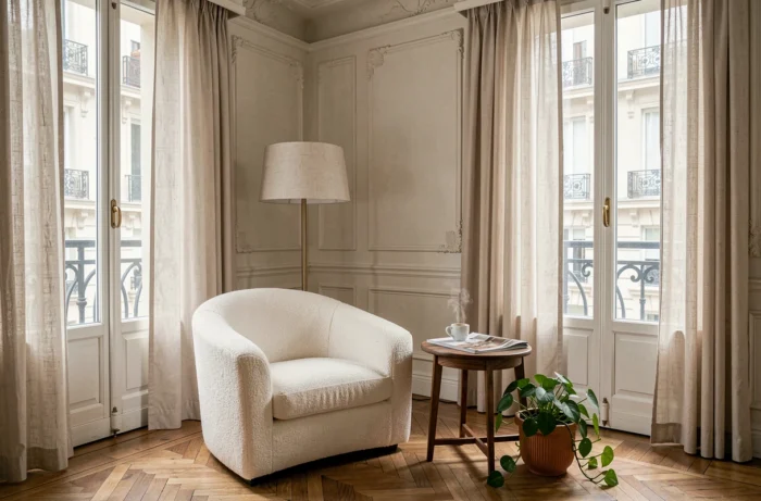 Coin lecture cosy avec fauteuil en bouclé, lampe arquée et publications de décoration dans un appartement haussmannien parisien