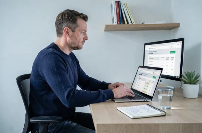 Homme comparant des offres de mutuelles santé sur un ordinateur portable dans un bureau à domicile