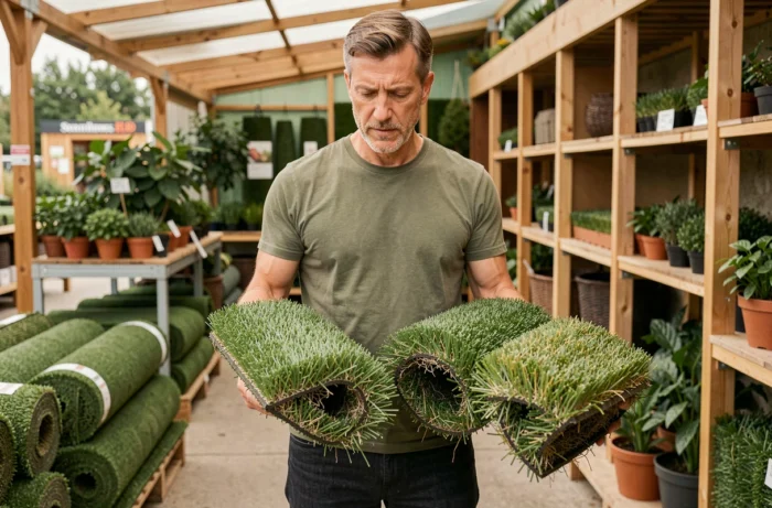 Homme comparant deux types de gazon en rouleau dans une jardinerie pour choisir la meilleure variété