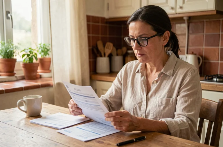 Femme comparant des documents de mutuelles santé à une table de cuisine en bois