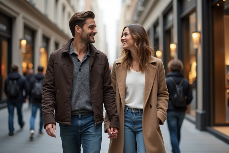 Couple celebrité marche dans une rue urbaine chic