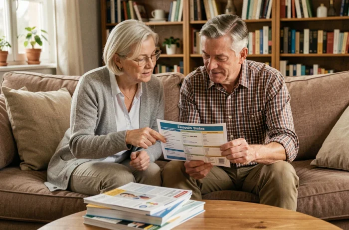 Couple de seniors comparant ensemble des offres de mutuelles santé dans leur salon