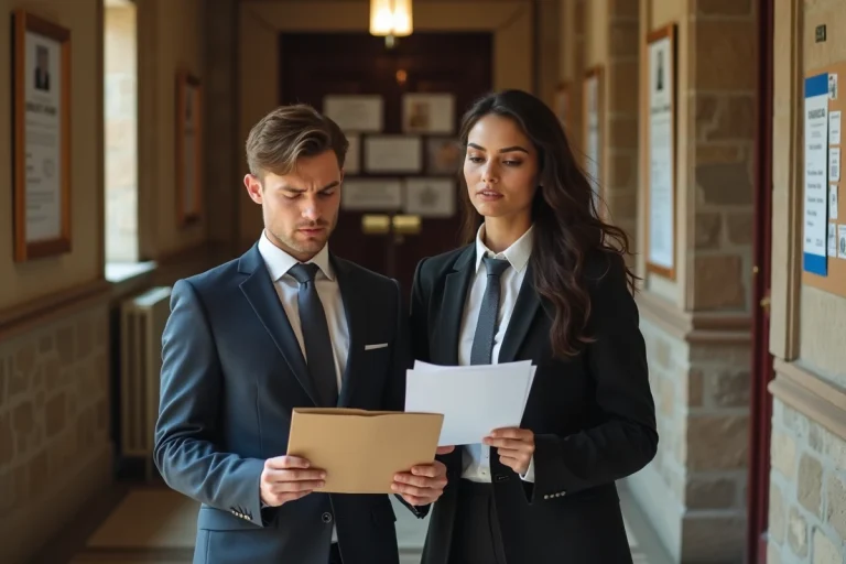 Jeune couple en costume devant la mairie avec documents