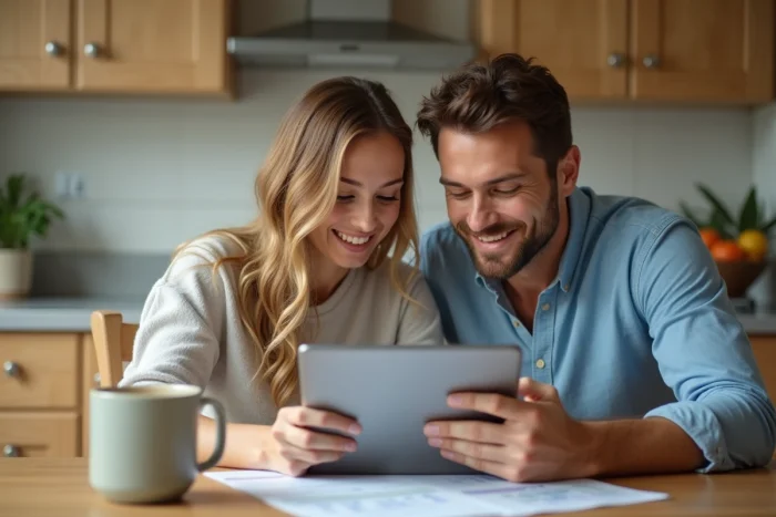 Couple gérant ensemble leur budget et leurs comptes bancaires sur une tablette dans une cuisine moderne