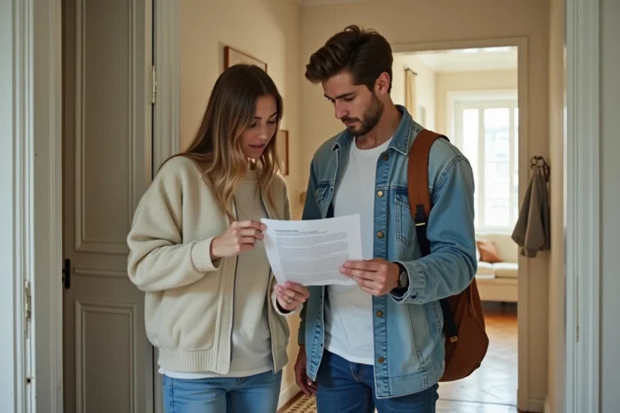 Couple de locataires examinant un contrat de location dans le couloir d'un appartement parisien