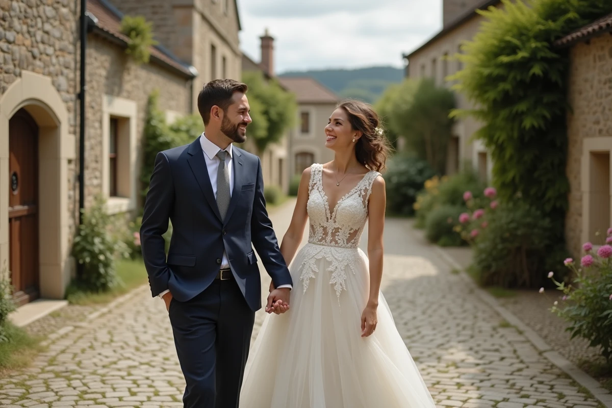 Jeune couple riant en tenue de mariage dans un cadre extérieur
