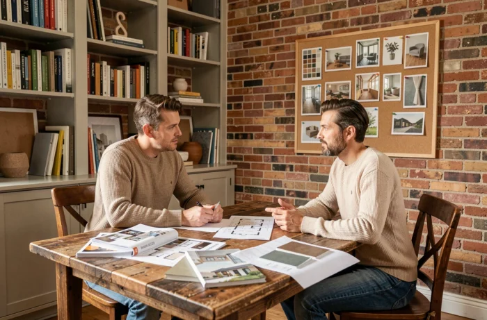 Couple discutant du choix d'un bien immobilier entouré de magazines de décoration et d'échantillons de matériaux