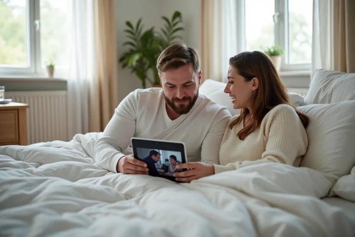 Couple regardant une série en streaming sur une tablette confortablement installé dans leur chambre