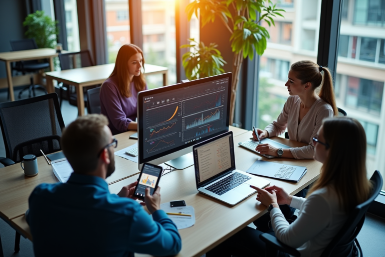 Espace de coworking moderne vu du dessus avec collaborateurs