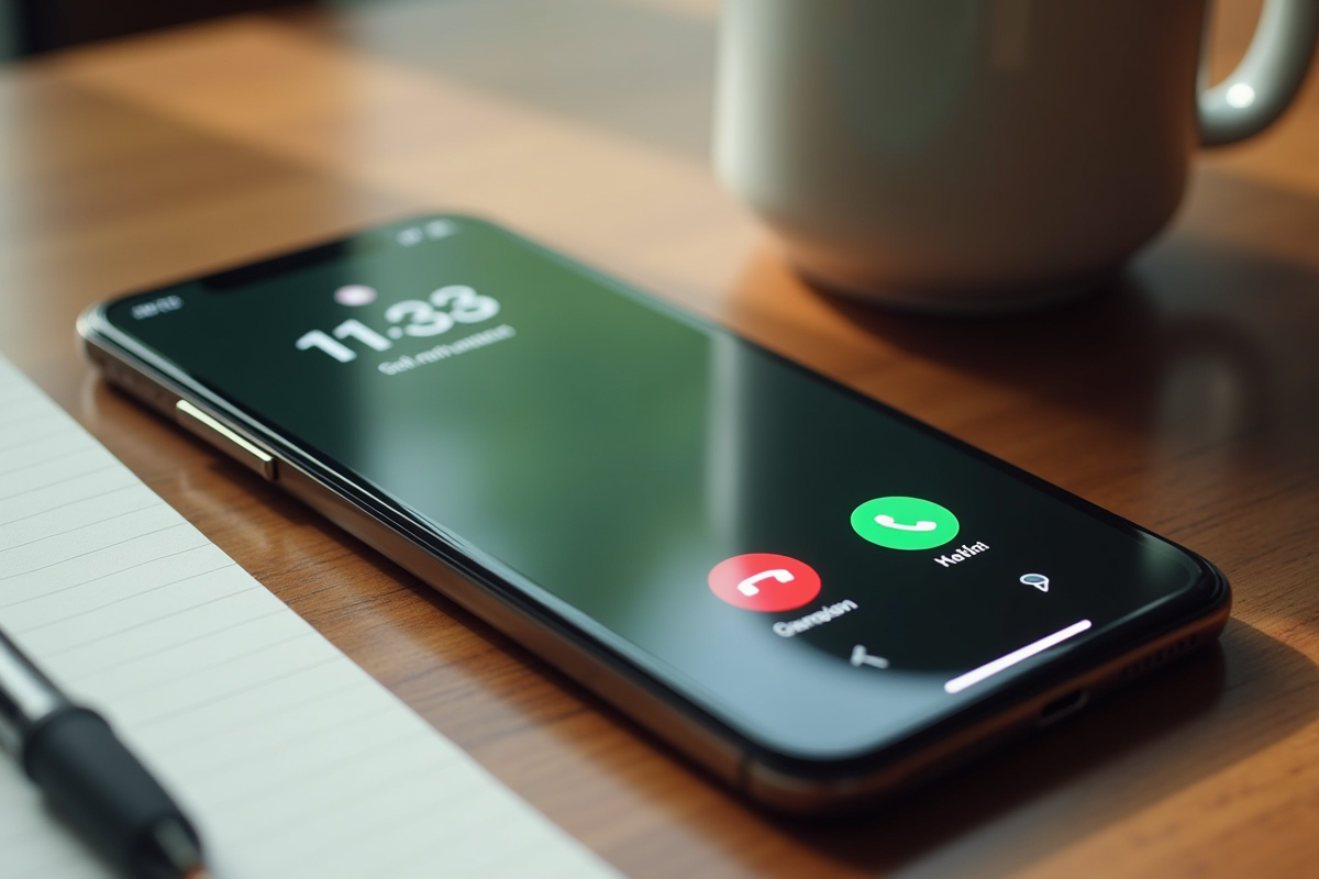Écran de smartphone avec un appel inconnu sur une table en bois