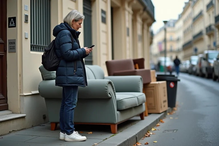 Femme déposant un encombrant sur le trottoir d'une rue du 15e arrondissement de Paris