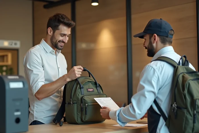 Homme déposant un sac Eastpak en garantie au comptoir d'un bureau de poste