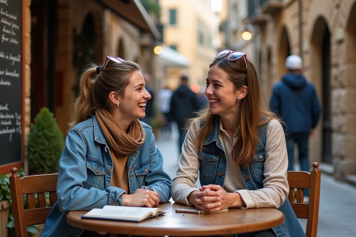 Deux femmes riant au café en ville avec journaux
