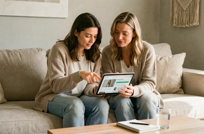 Deux femmes explorant ensemble un portail santé sur une tablette dans un salon moderne