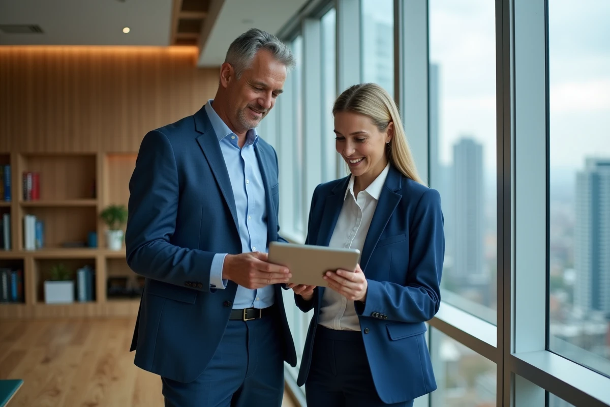 Homme et femme d affaires discutant près d une fenêtre