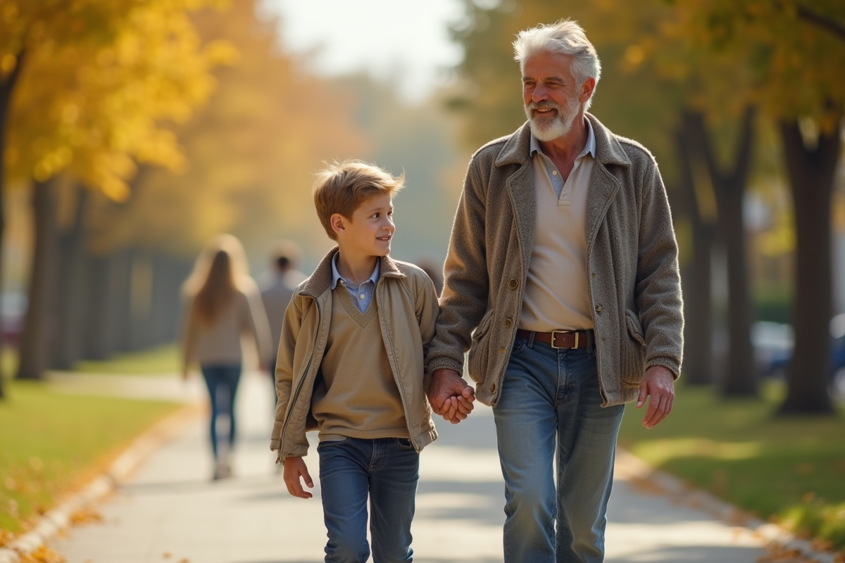 Fils et père célèbre marchant dehors ensoleille