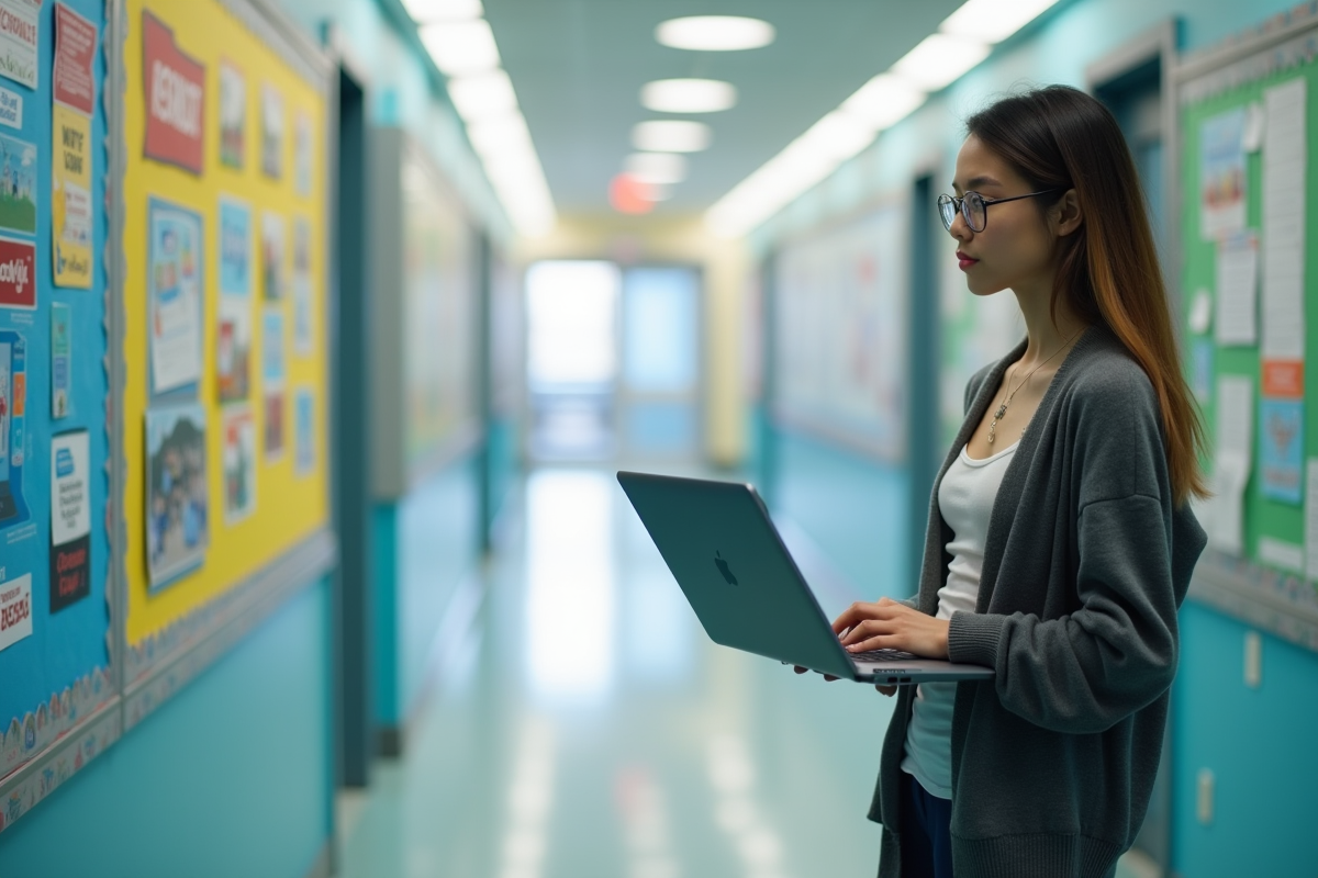 Enseignant seul dans un couloir scolaire avec un ordinateur portable