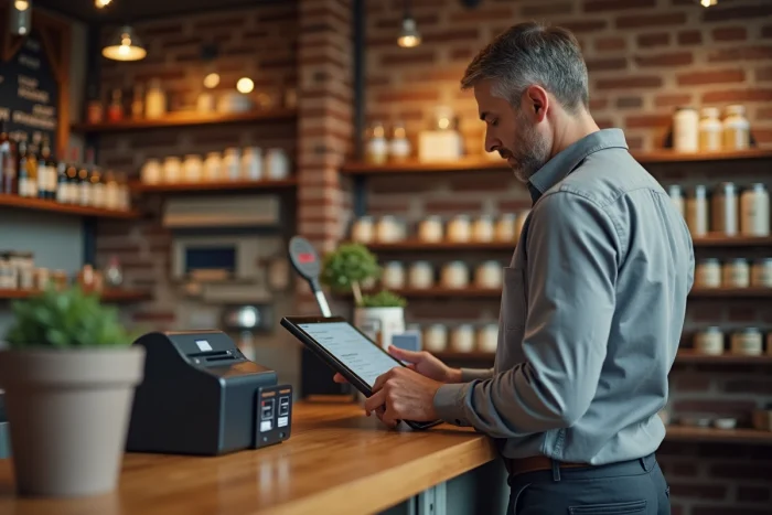Entrepreneur masculin utilisant un système de paiement sur tablette dans une boutique indépendante avec terminal carte bancaire et caisse enregistreuse moderne