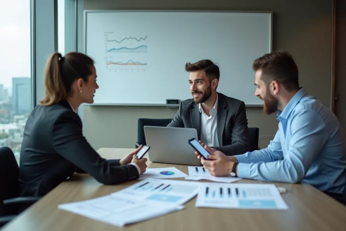 Équipe de professionnels en réunion d'affaires analysant des solutions de gestion de paiement innovantes sur ordinateur portable et smartphone dans une salle de conférence moderne