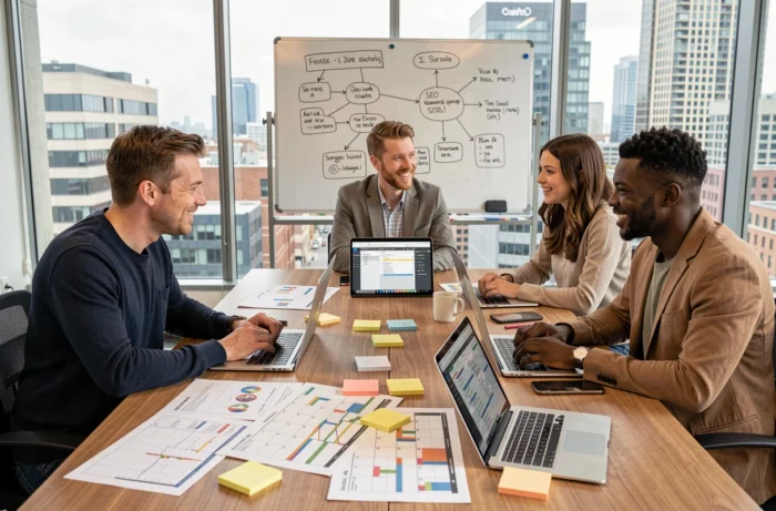 Équipe de professionnels en réunion de stratégie digitale autour d'une table avec laptops et calendriers de contenu