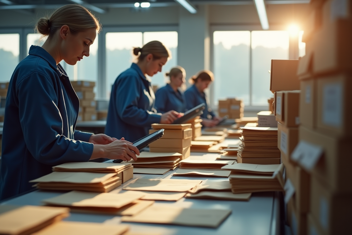 Bureau de tri postal avec employés utilisant des tablettes numériques