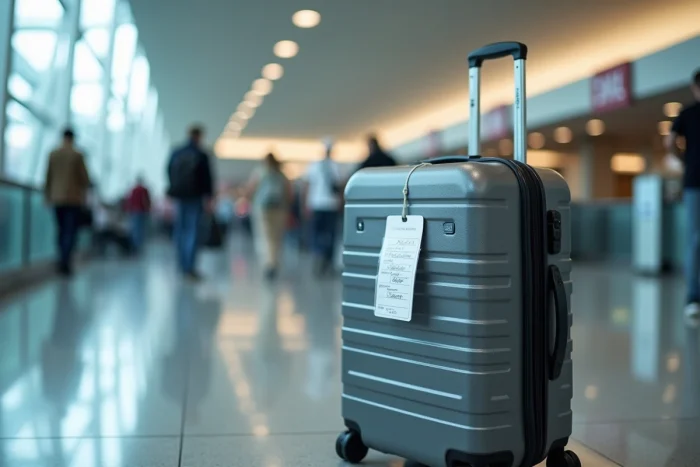Valise avec étiquette bagage imprimée attachée à la poignée dans un aéroport