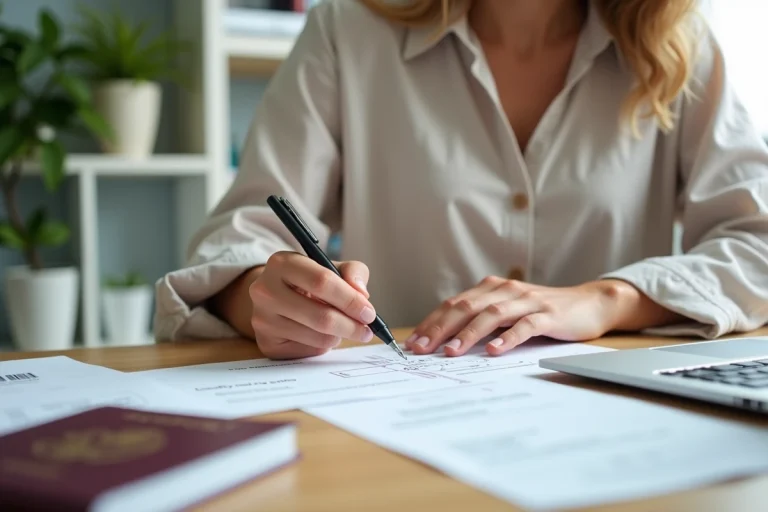 Femme remplissant une étiquette valise imprimée sur un bureau avec passeport et carte d'embarquement
