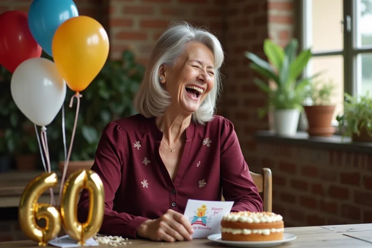 Femme de 60 ans qui rit en tenant une carte d'anniversaire humoristique entourée de ballons colorés