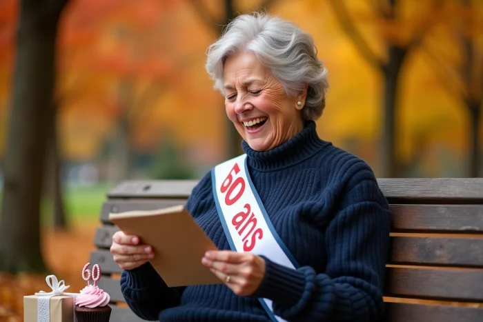 Femme de 60 ans souriante avec un bandeau anniversaire lisant une carte humoristique dans un parc en automne