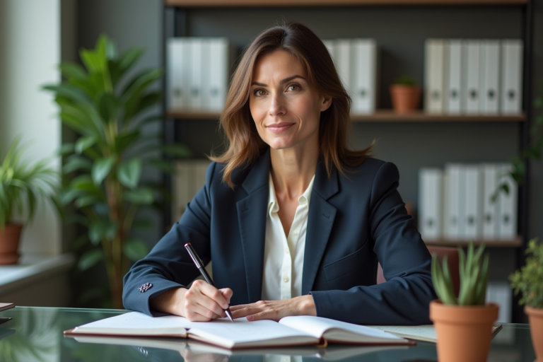 Femme d'affaires prenant des notes dans un bureau moderne