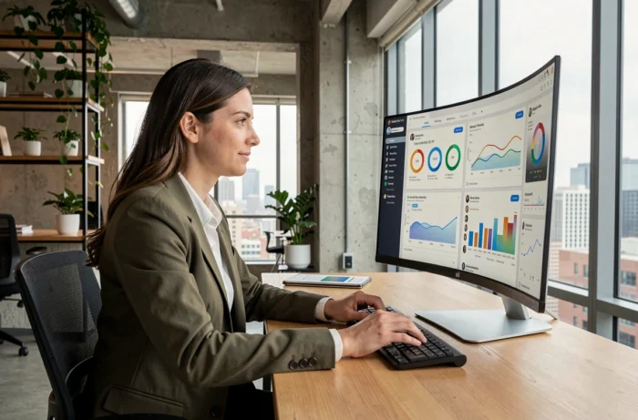 Femme professionnelle analysant des tableaux de bord numériques et des tendances digitales sur un grand écran dans un bureau moderne
