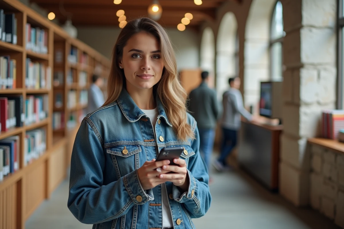 Jeune femme utilisant son smartphone dans une bibliothèque