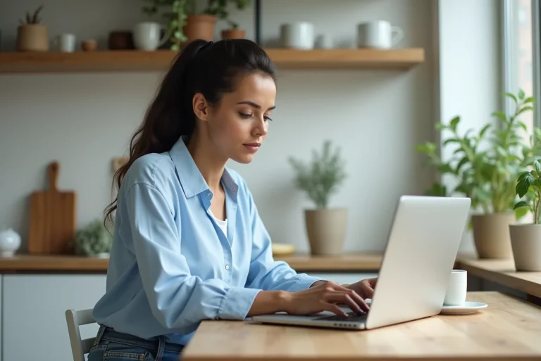 Femme travaillant sur un laptop dans une cuisine lumineuse
