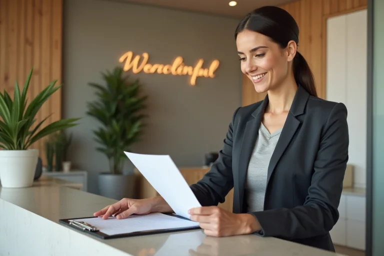 Femme confiante en blazer souriant en examinant des documents