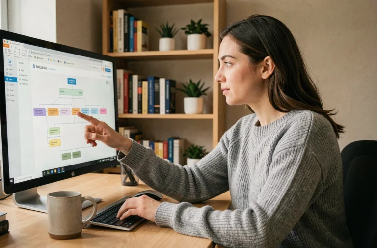 Femme consultant une page sitemap sur un écran d'ordinateur dans un bureau à domicile bien organisé