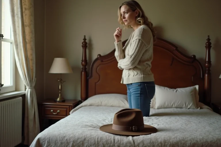 Femme en pull dans une chambre chaleureuse avec un chapeau