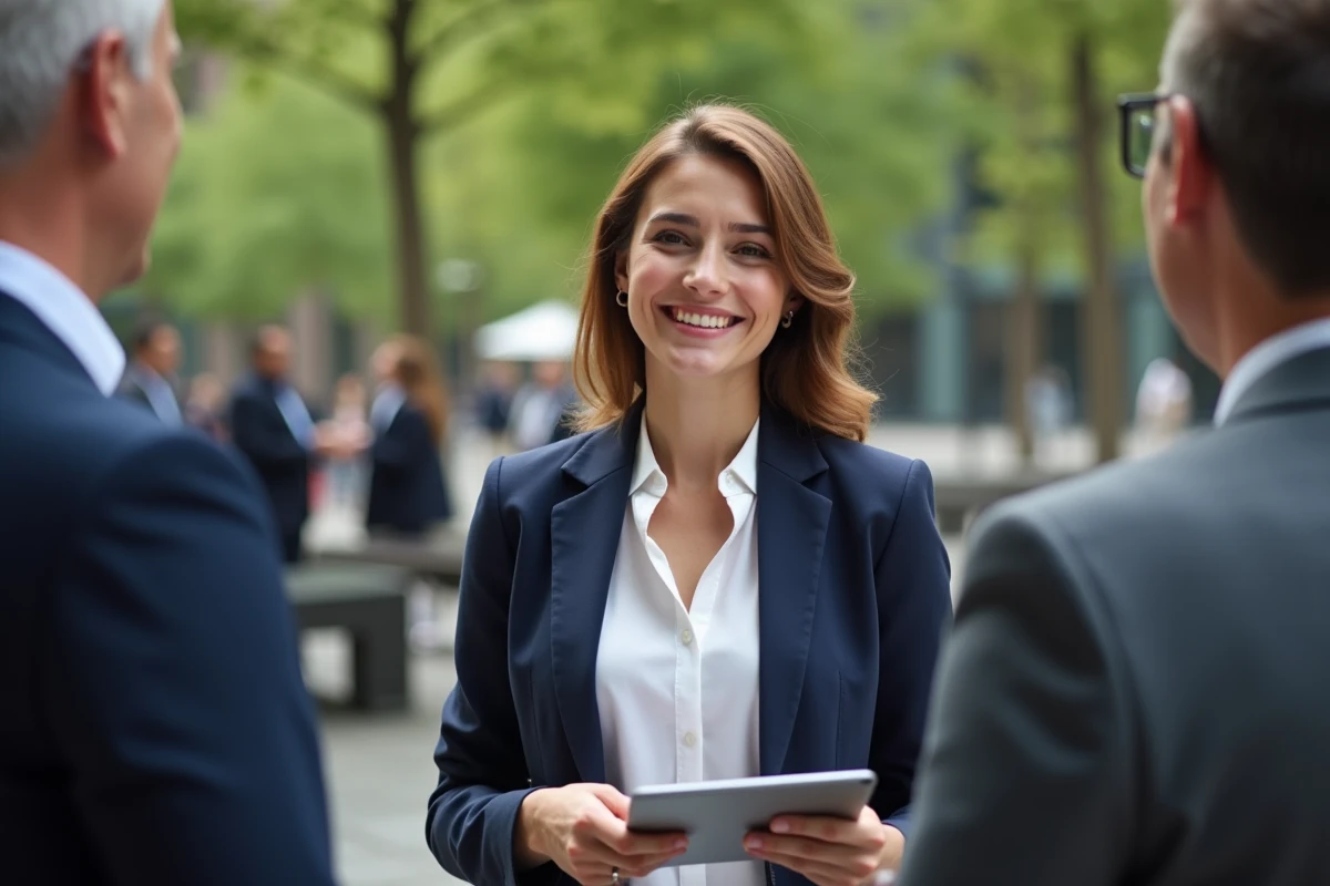 Jeune femme en blazer discutant avec un homme en extérieur