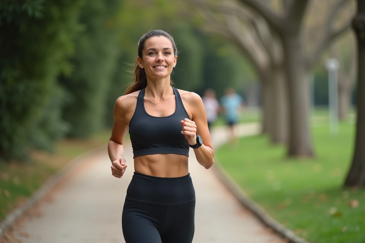 Femme courant dans un parc verdoyant avec confiance