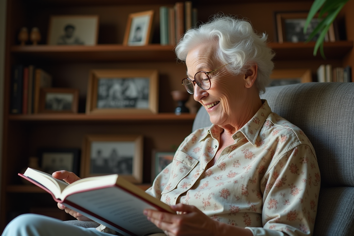 Femme âgée feuilletant un annuaire téléphonique nostalgique